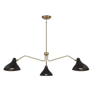55 in. W x 11.5 in. H 3-Light Matte Black and Natural Brass Branch Pendant Light with Matte Black Metal Shade