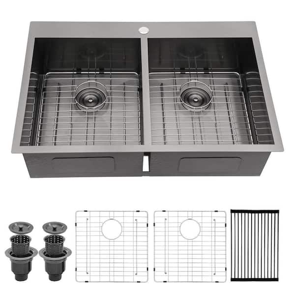 33 in. Drop-in Sink Double Bowl 50/50 18-Gauge Gunmetal Black Stainless Steel Kitchen Sink with Bottom Grids