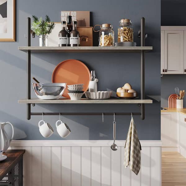 Floating Shelves Set of 2-For Coffee Bar, Bathroom Shelves with Towel Bar, Wall Shelves with 8 Hooks for Kitchen