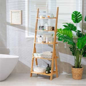 21 in. W 5-Tier Bamboo Ladder Shelf Bookshelf Display Storage Rack Flower Stand Natural