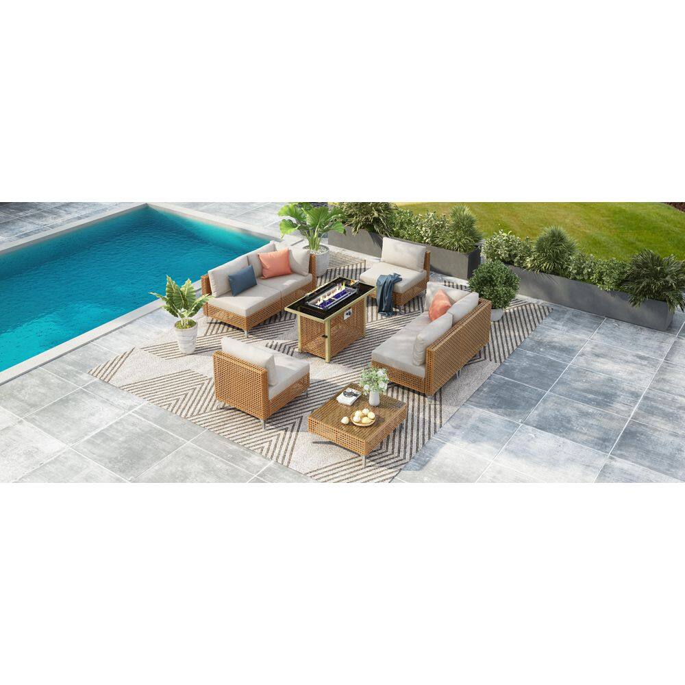8-Piece Rattan Patio Rectangle Conversation Set with Fire Pit, Water Resist
