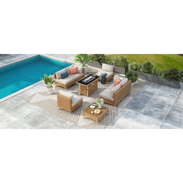 Unbranded 8-Piece Rattan Patio Rectangle Conversation Set with Fire Pit, Water Resistant Beige Cushions and Adjustable Feet