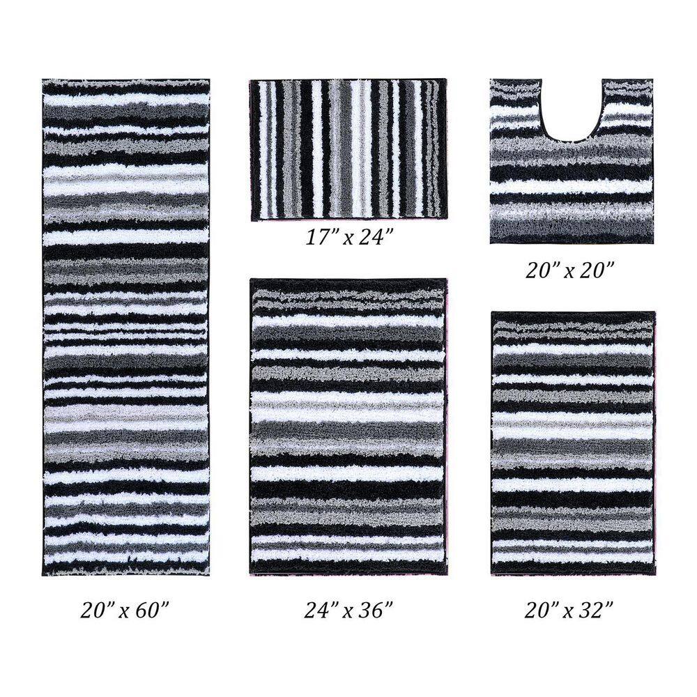Graphite Gray and White Striped Polyester Bath Rug Set