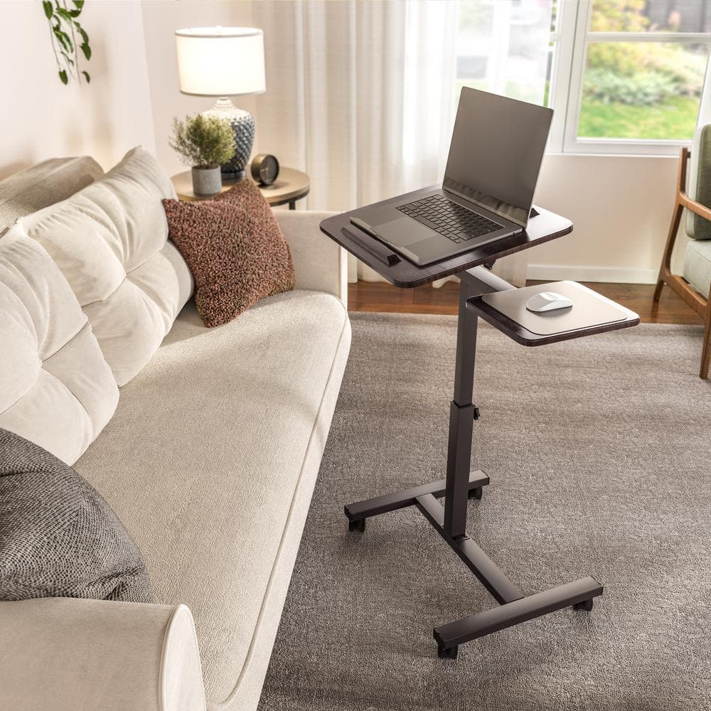 Walnut Adjustable Height Rolling Laptop Desk with Side Table