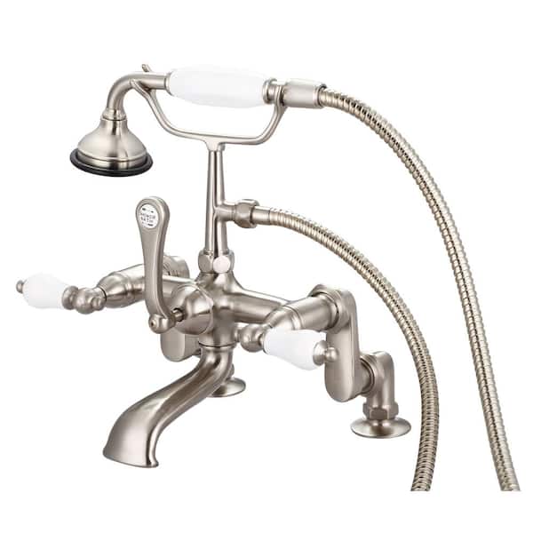 Water Creation 3-Handle Vintage Claw Foot Tub Faucet with Hand Shower and Porcelain Lever Handles in Brushed Nickel