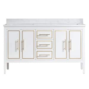 Ashpy 60 in. W x 22 in. D x 36 in. H Freestanding Double Bath Vanity in White with White Engineered Marble Top