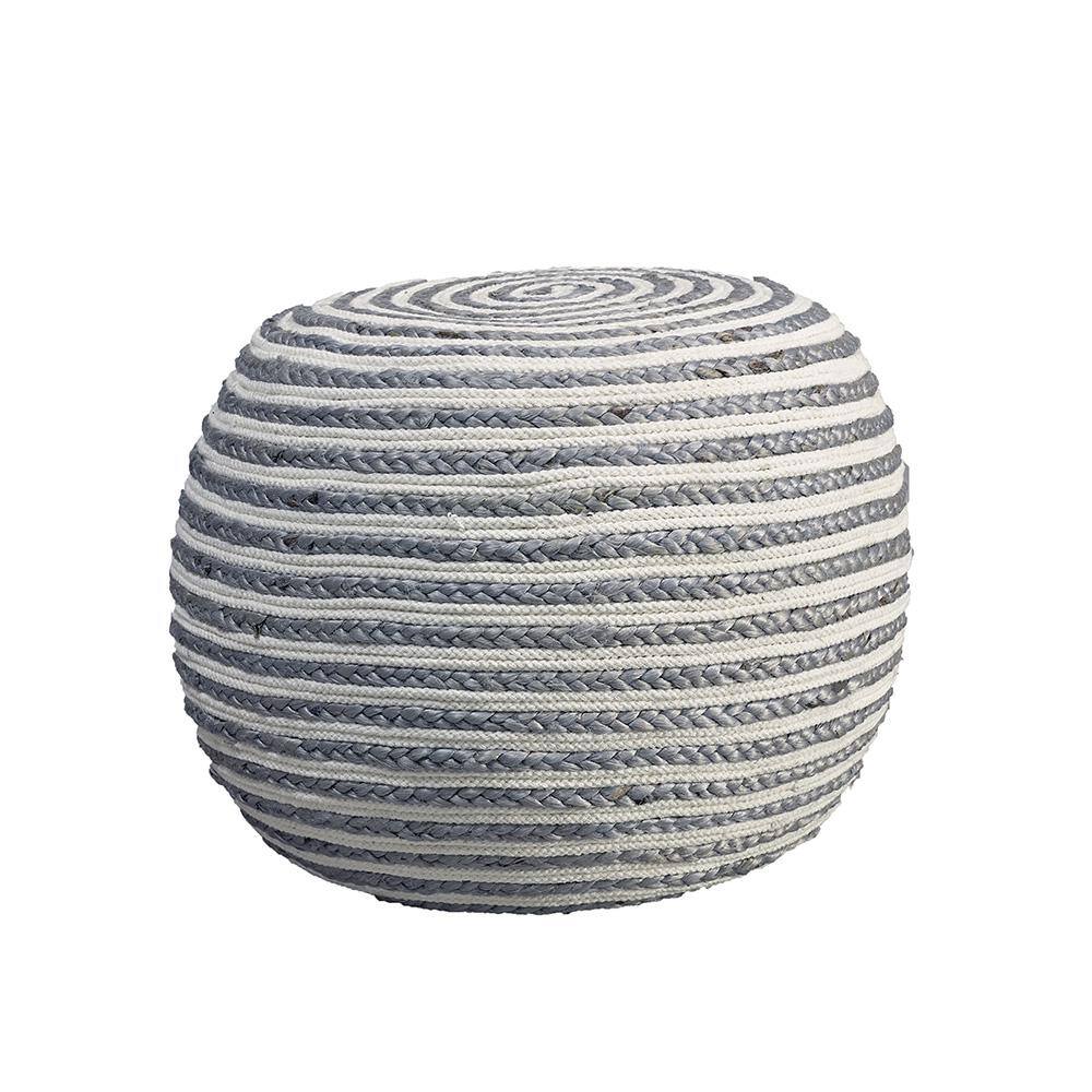 Gray and White Braided Jute Round Pouf, 20"