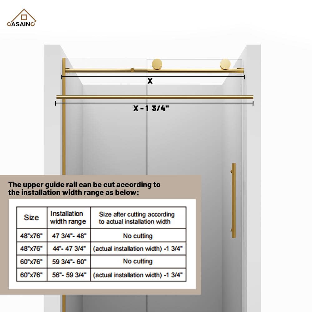 Brushed Gold Frameless Sliding Shower Door with Clear Tempered Glass, 48" x 76"