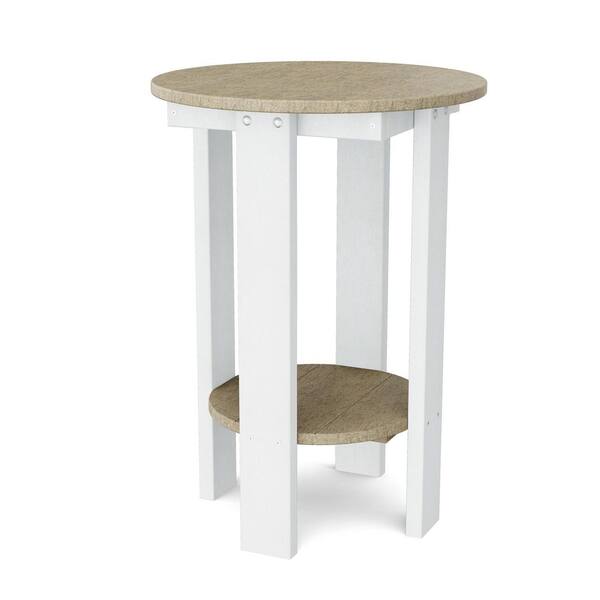 Heritage Weathered Wood and White Round HDPE Plastic Outdoor Side Balcony Table