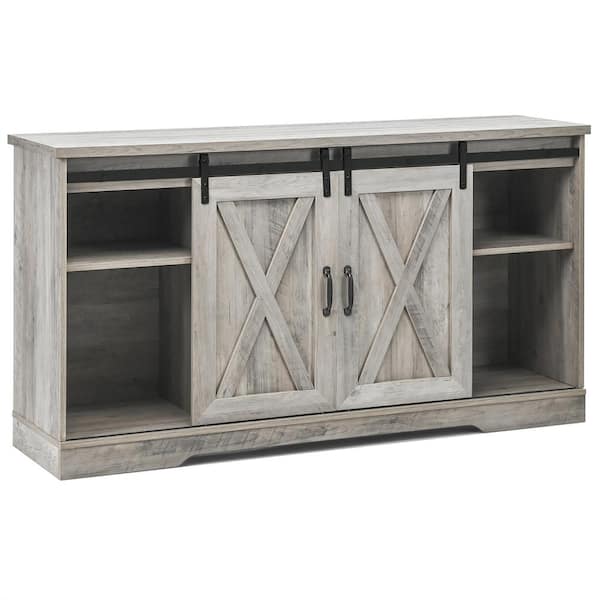 Costway 59'' Farmhouse TV Stand Sliding Barn Door Cabinet with Adjustable Shelf for TV's 65 in. Gray