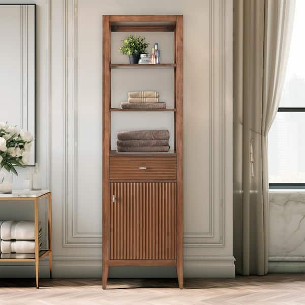 21 in. W x 17 in. D x 72 in. H Brown Freestanding Linen Cabinet with Soft Close Door in Linear Walnut