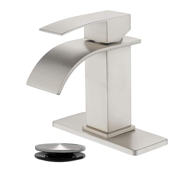 AIMADI Single Handle Single Hole Stainless Steel Waterfall Bathroom Faucet with Deckplate and Drain Assembly in Brushed Nickel