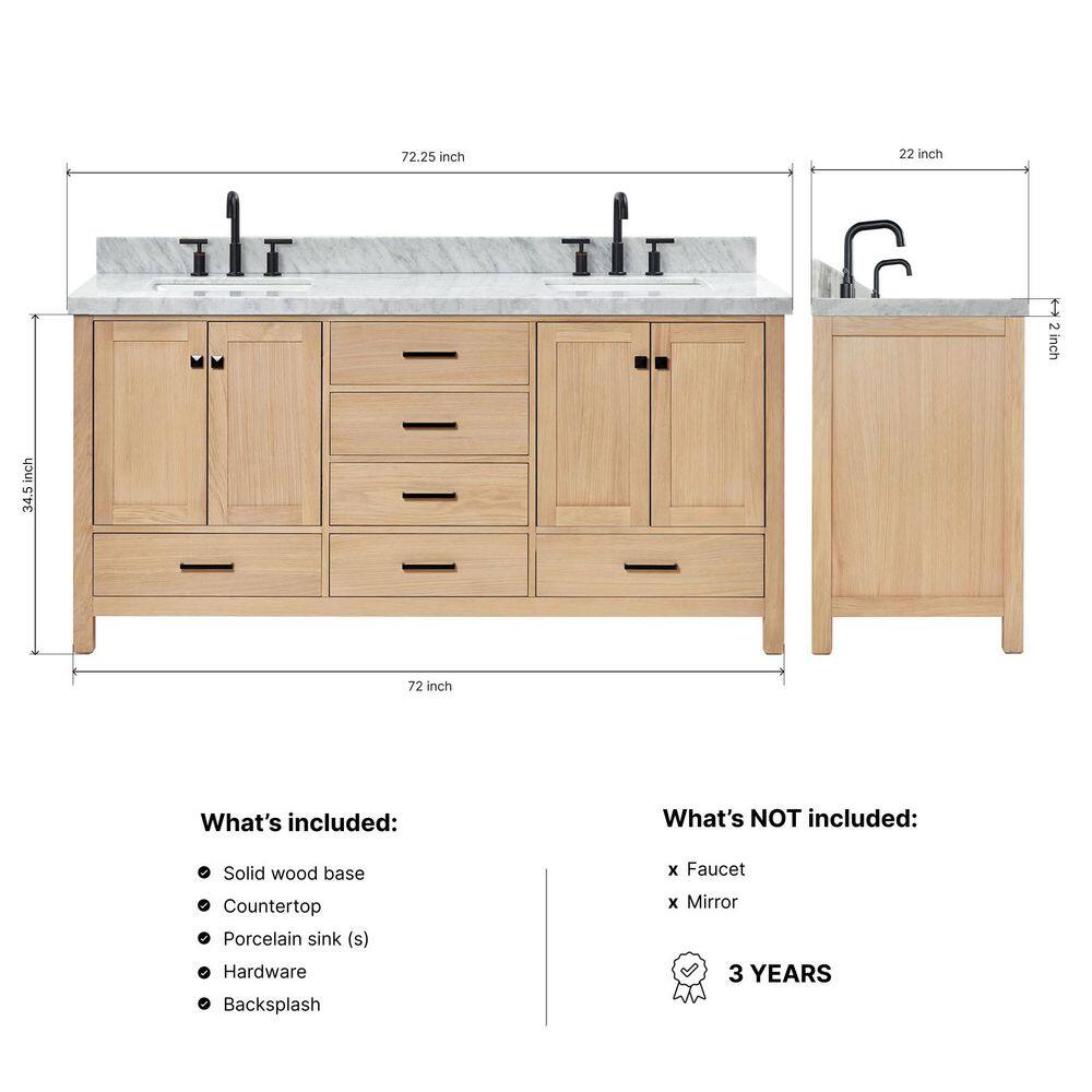 Cambridge 72'' Oak Double Bathroom Vanity with Carrara Marble Top