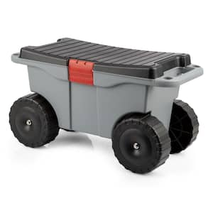 1.59 cu. ft. Gray Plastic Rolling Garden Cart with Seat - Storage with Bench and Interior Tool Tray - Gardening Stool