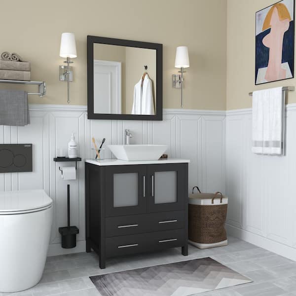 Vanity Art Ravenna 30 in. W Bathroom Vanity in Espresso with Single Basin in White Engineered Marble Top and Mirror