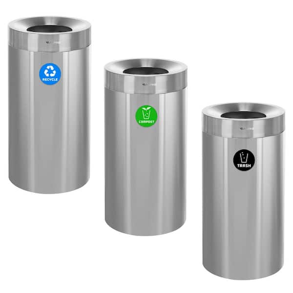 27 Gal. Stainless Steel Open Top Compost Bin with Recycling Can and Commercial Garbage Vented Trash Can (3-Pack)