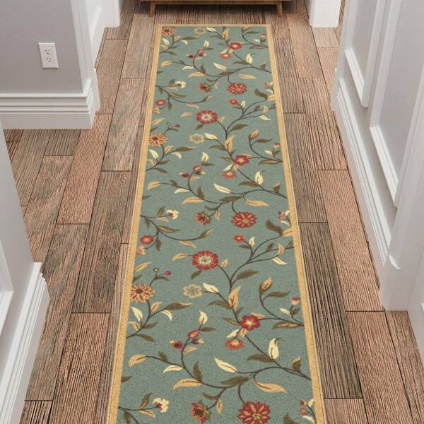 Homeline Non-Slip Rubberback 2 ft. x 31 ft. Floral Indoor Runner Rug, Dark Seafoam Green