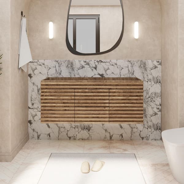 48 in. W x 18.3 in. D x 19.7 in. H Floating Double Sink Bath Vanity in Oak with White Resin Top and Drain Faucet Set
