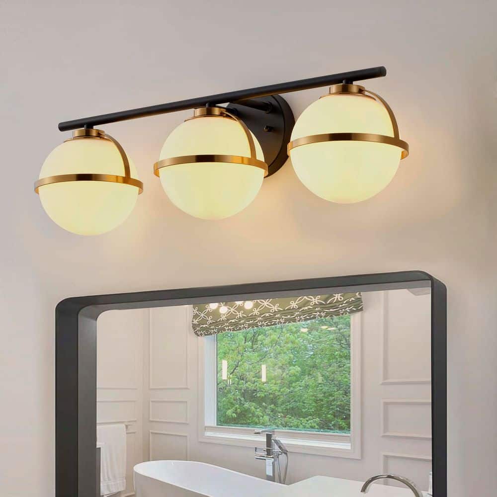 Modern 23.43 in. 3-Light Black and Brass Vanity Light Bathroom Light Over Mirror with Milk White Glass Shades price history on PriceWatchPro