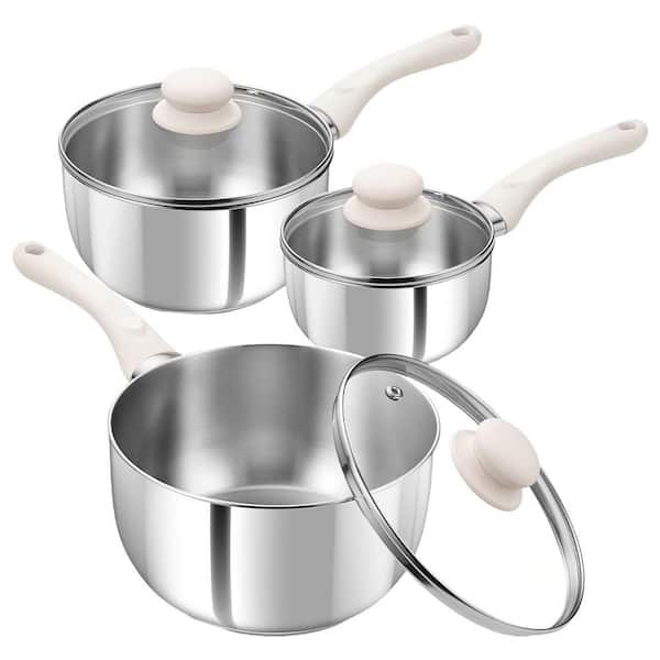 6 Piece Stainless Steel Saucepan Set with Bakelite Handles, Induction Compatible, Lids Included, Silver