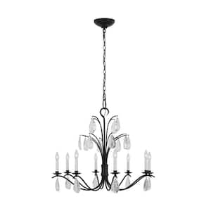 Shannon 32.625 in. W x 28.5 in. H 8-Light Aged Iron Indoor Dimmable Large Chandelier with Glass Crystal Drops