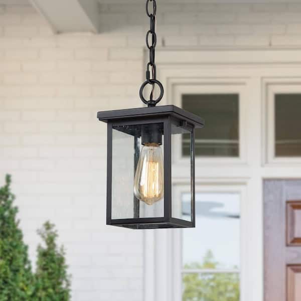 Matte Black Rustic Outdoor Hanging Lantern, Mini Farmhouse 1-Light Square Outdoor Pendant Light with Seeded Glass Shade