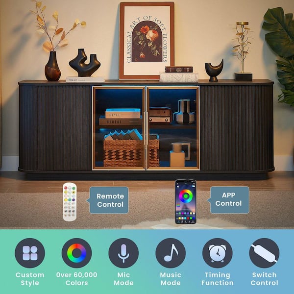 64 in. Black Wavy TV Stand with LED Lights-Aluminum Door Framed Tempered Glass Cabinet and MDF Media Cabinet