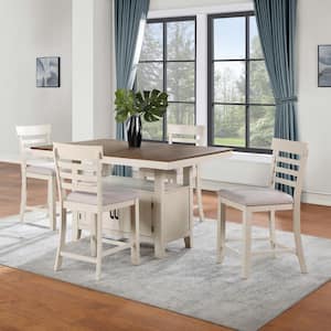 Hyland White and Walnut Brown Wood Rectangle 60 in. Counter Dining Set 5-Piece with 4-Upholstered Chairs and 20 in. Leaf