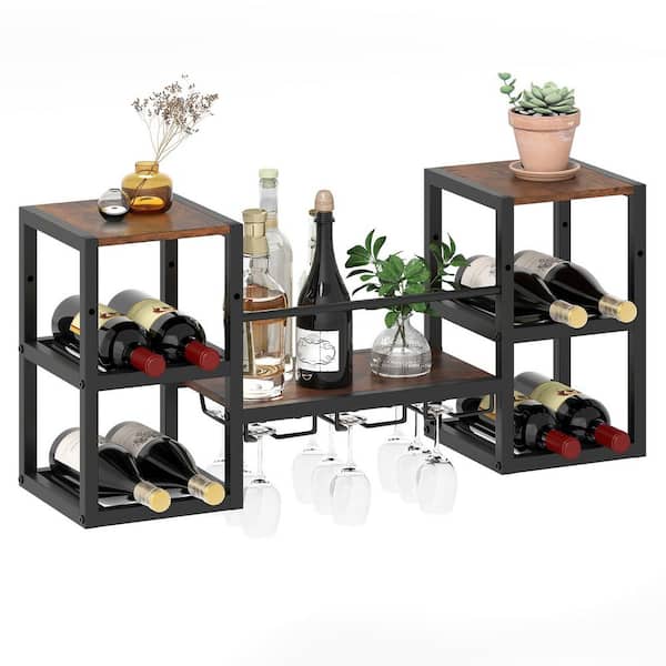 Wall Mounted 8-Bottle Brown Wine Rack with Glass Holder Metal Frame 8-Bottle Holder