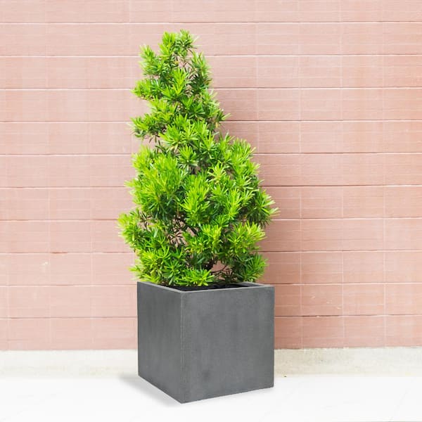 PotteryPots Block Large 20 in. Tall Grey Fiberstone Indoor Outdoor