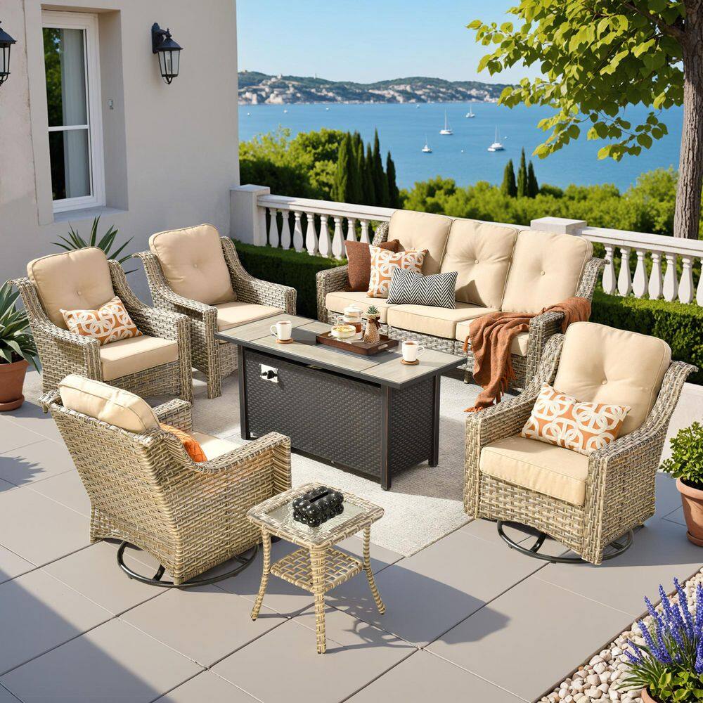 Eureka 7-Piece Wicker Patio Conversation Sofa Swivel Chair Set with Metal Fire Pit Table and Beige Cushions