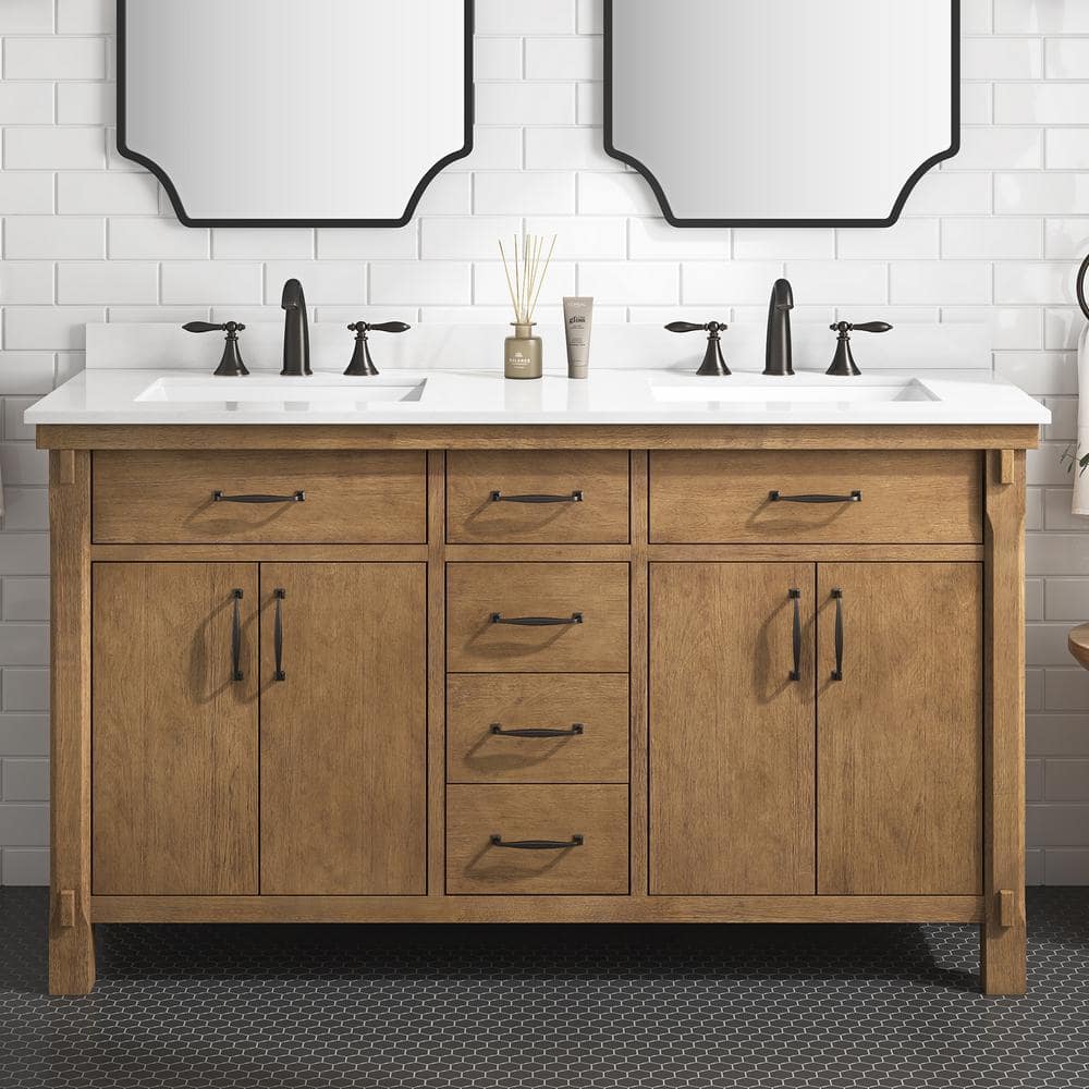 Bellington 60 in. Double Sink Almond Toffee Bath Vanity with White Engineer