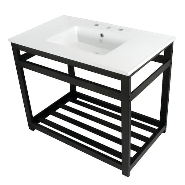 Kingston Brass Quadras Ceramic White Console Sink with Legs in Matte Black