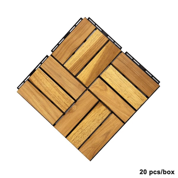 BTMWAY 1 ft. x 1 ft. Square Interlocking Teak Wood Patio Deck Tiles, Outdoor Checker Pattern Flooring Tile(Pack of 20 Tiles)