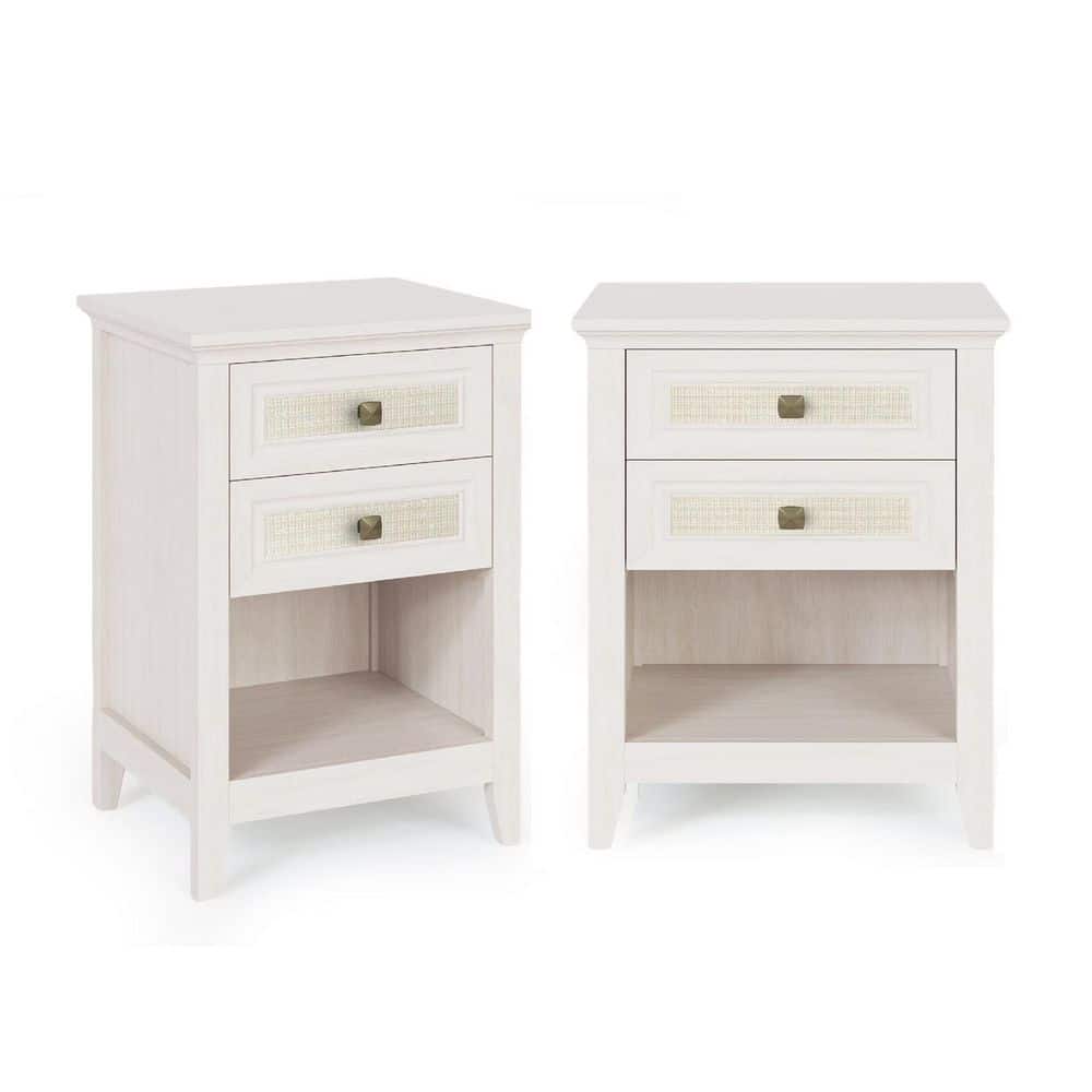 Grayish White 2-Drawer Nightstand End Table with Open Storage Shelf for Bedroom, Living Room ( Set of 2)