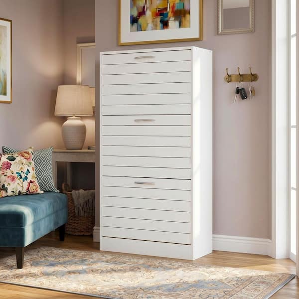 42.3 in. H x 22.4 in. W White Wooden Shoe Storage Cabinet with Silver Handles, 3-Drawers, 18-Pairs