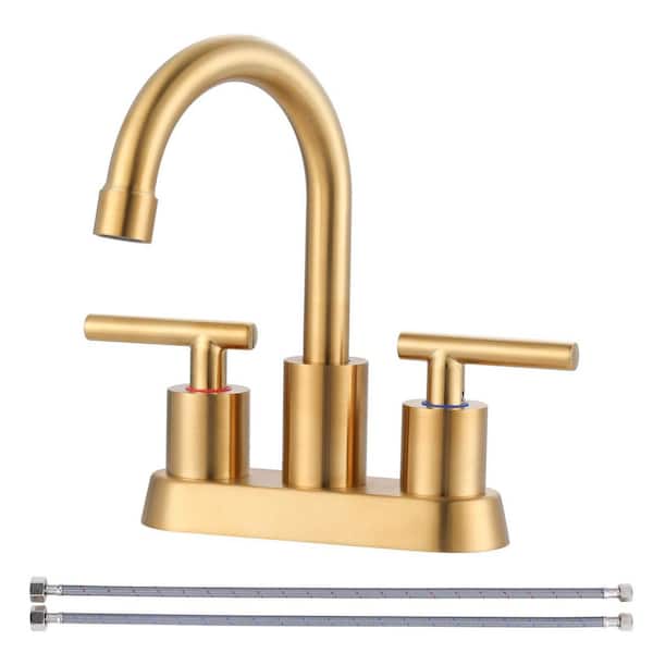 VEVETTA Modern 4 in. Centerset Double Handle Bathroom Sink Faucet with Pop-Up Drain and Removable Aerator in Brushed Gold