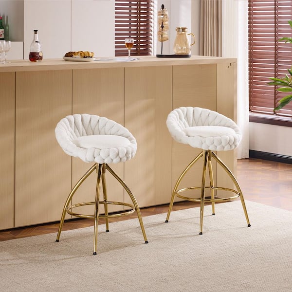 2pcs White Teddy Velvet Woven Styling Cushion Electroplated Gold Iron Feet with Swivel Bar Stool