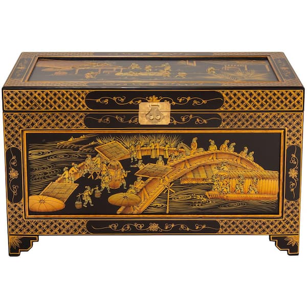 Oriental Furniture Black Lacquer Ching Ming Trunk L3-MF-J9 - The