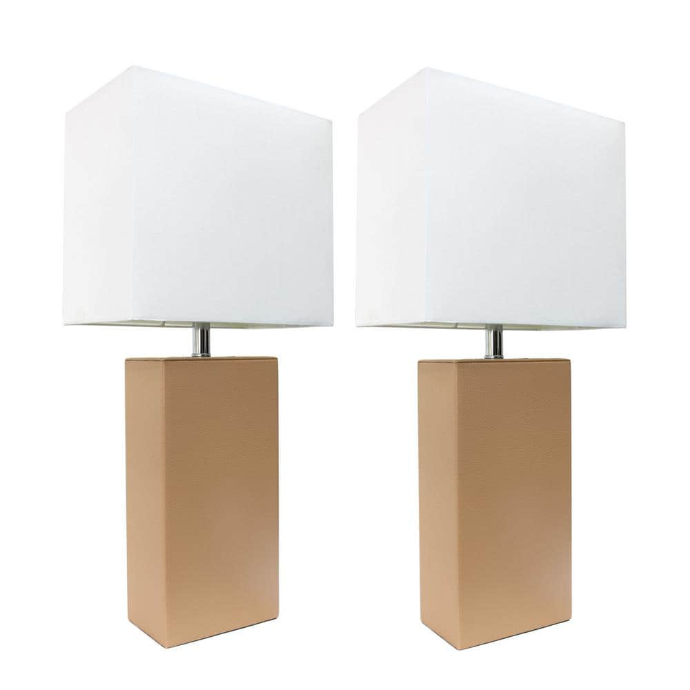 Elegant Designs 21 in. Modern Beige Leather Table Lamps with White Fabric Shades (2-Pack)