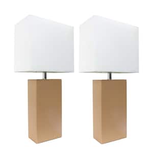21 in. Modern Beige Leather Table Lamps with White Fabric Shades (2-Pack)