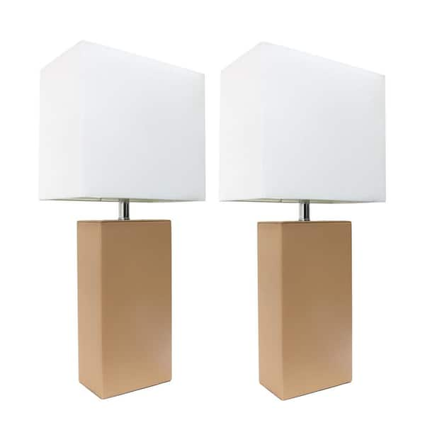 Elegant Designs 21 in. Modern Beige Leather Table Lamps with White Fabric Shades (2-Pack)