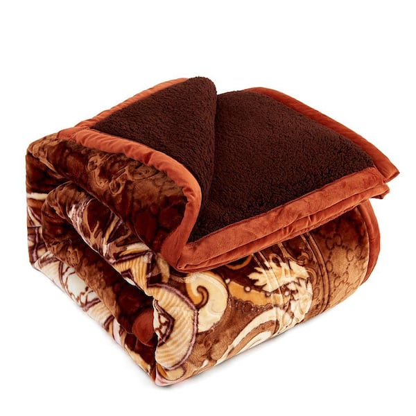 JML 3-Pieces Brown Floral Sherpa Fleece Blanket Set 79 in. x 91 in