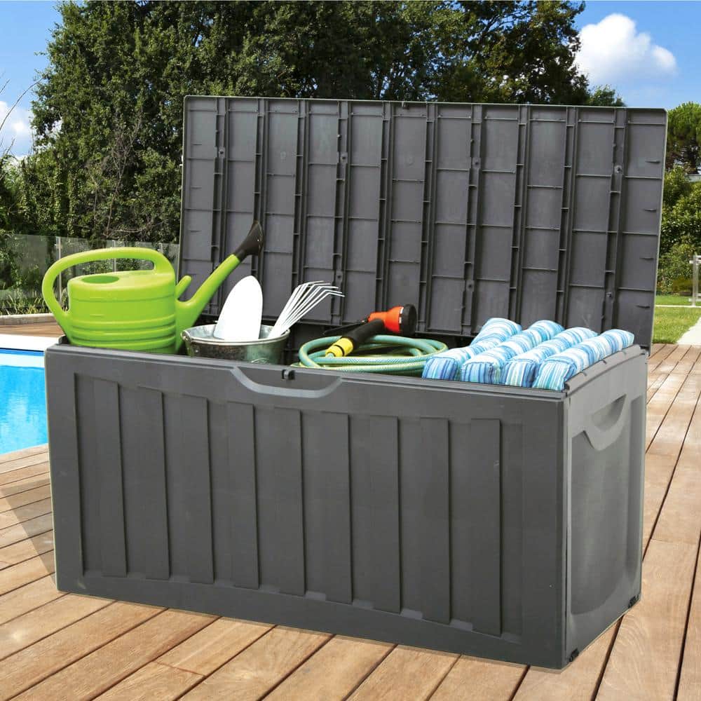 Gray 90 Gallon Lockable Plastic Deck Storage Box with Wheels