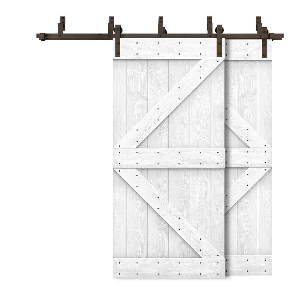 White Stained Knotty Pine Double Bypass Barn Door with Oil-Rubbed Bronze Hardware
