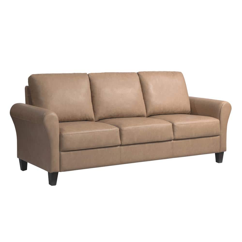Brown Faux Leather Sofa with Rolled Arms and Wood Legs