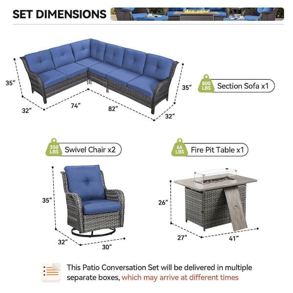 Arcline 7-Piece Gray Wicker Fire Pit Conversation Set with Olefin Blue Cushions L-Shaped Sofa/Patio Swivel Chairs