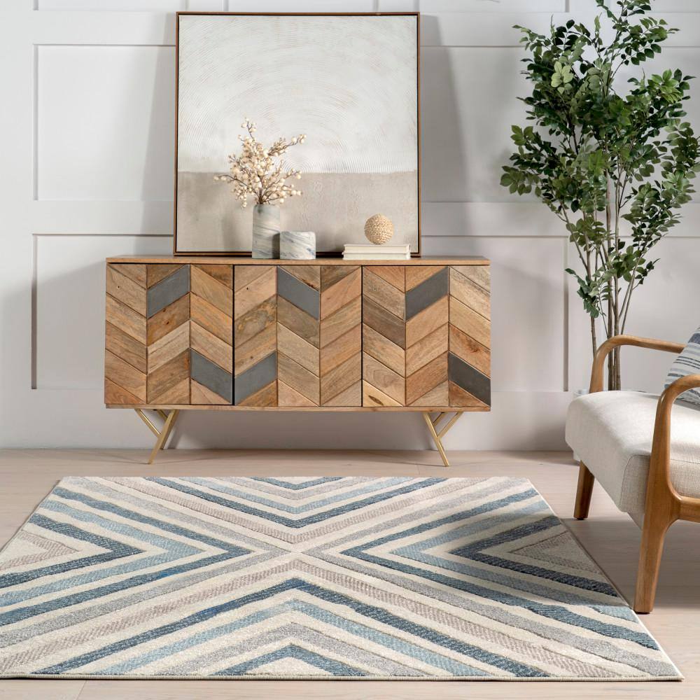 Blue Chevron Pattern Stain-Resistant Runner Rug