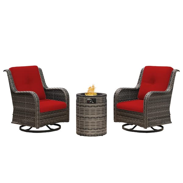 3-Piece Brown Rattan Wicker Outdoor Fire Pit Table Patio Set Swivel Rocking Chair with Red Cushions