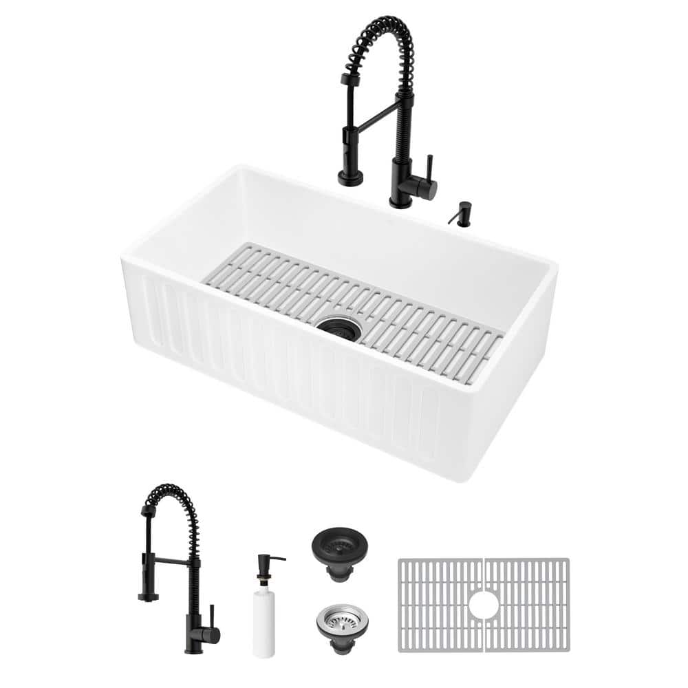 VIGO Matte Stone 33"" Single Bowl Farmhouse Apron Front Undermount Kitchen Sink with Faucet in Black and Accessories, Matte White -  VG84012